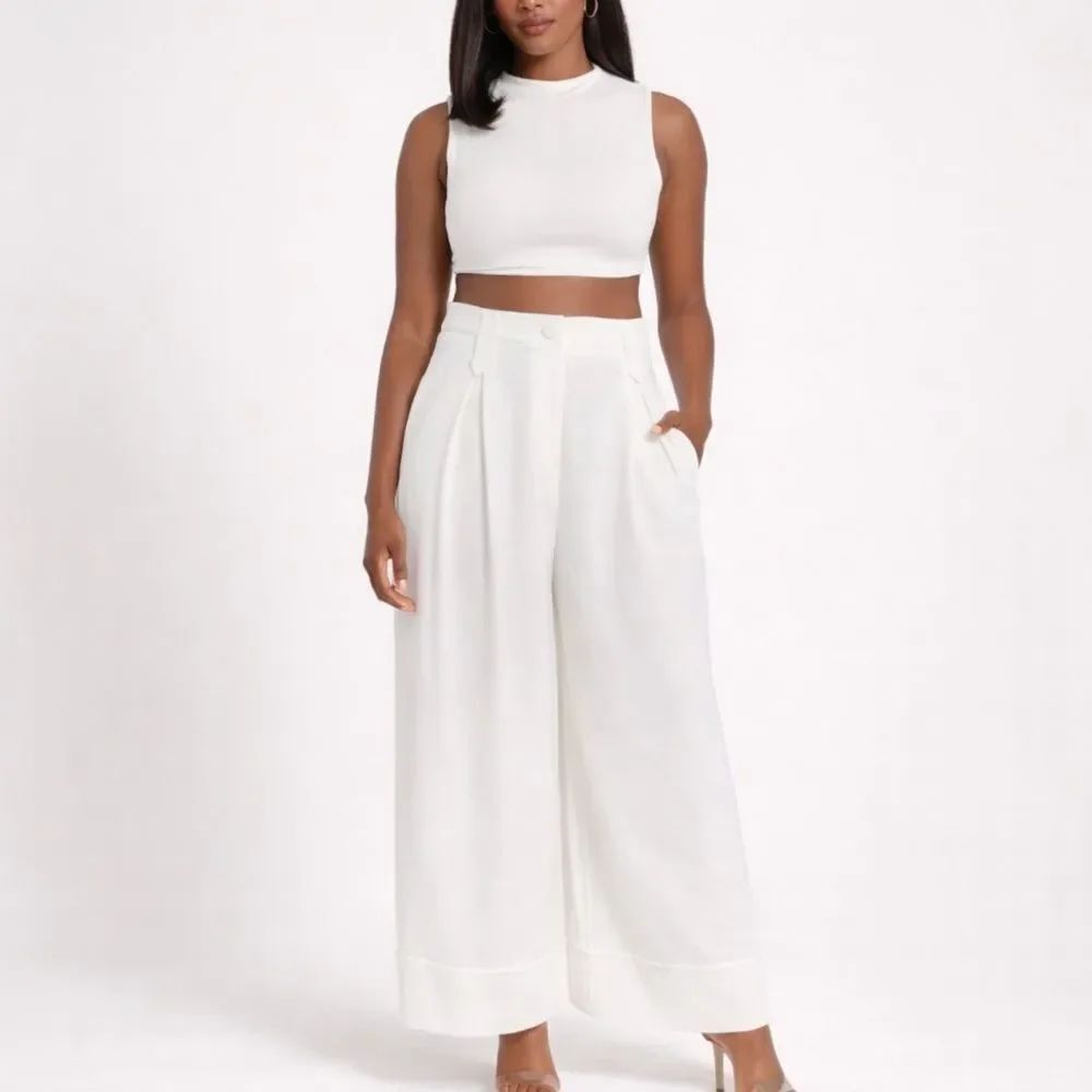 Revolve Babylon Collection Wide Leg Cuffed Trouser Pants in White Cream